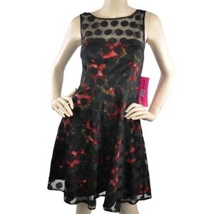 Betsey Johnson Black Polka Dot Mesh Floral Fit Flare Dress Size 10 Red Ros